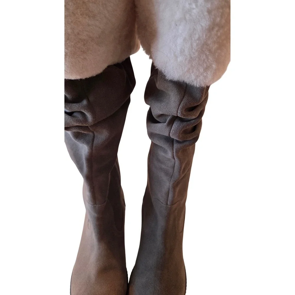 Vintage Foundry Co  Grey Leather Real Fur Trim Wedge Slouch Boots womens‎ 9 Boho